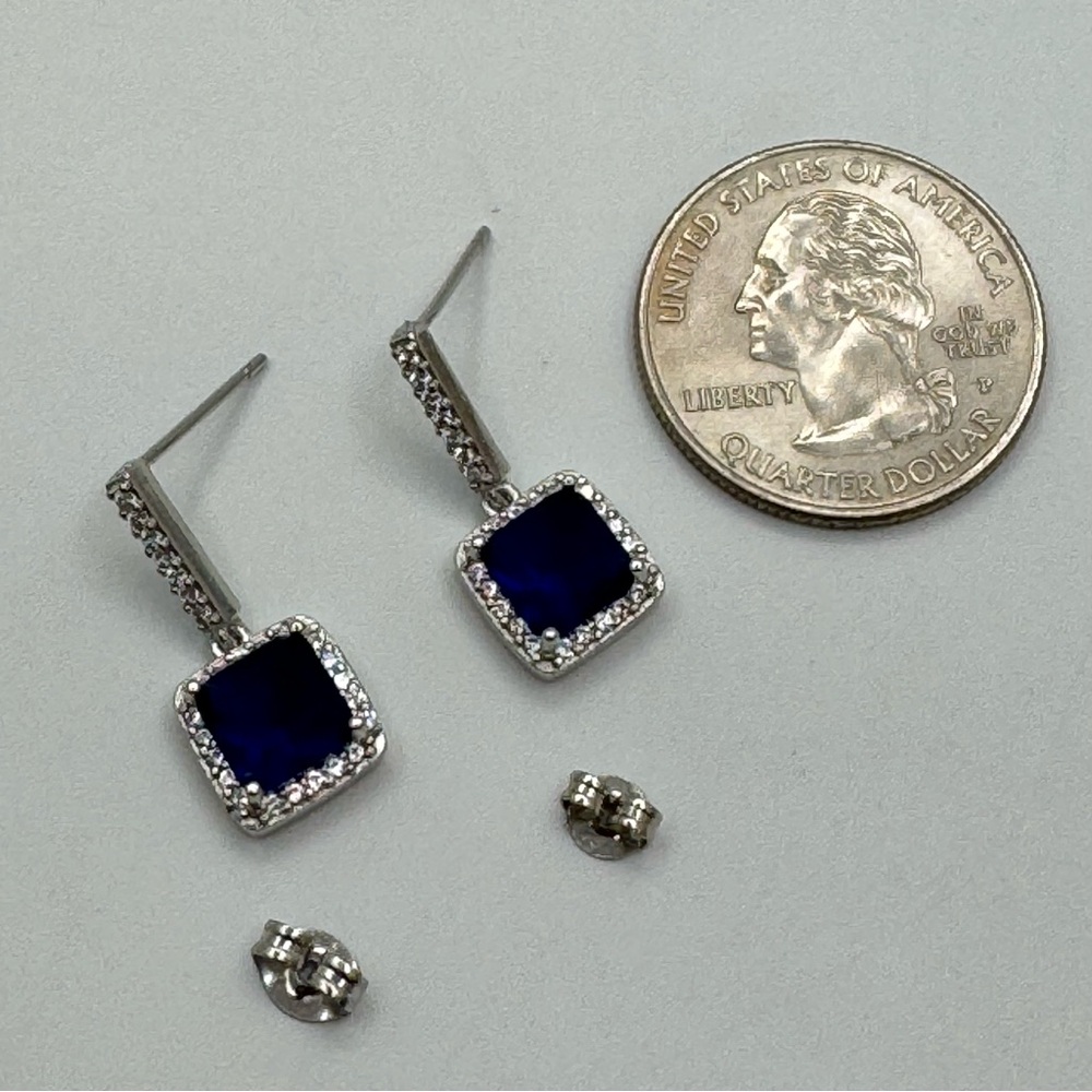Silver Blue Crystal Drop Earrings Square Halo Dangle Elegant New - Picture 3 of 9